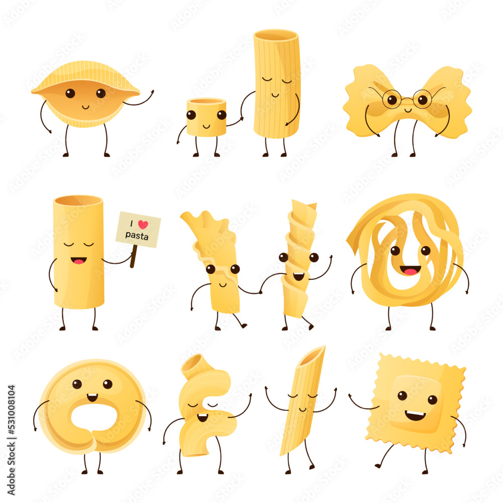 Cartoon Italian pasta characters. Funny noodle products, ravioli