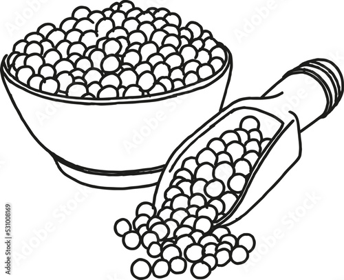 wooden bowl and spoon. Groats in wood dish and shovel. Grain on white background