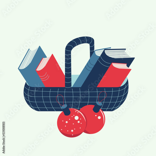 Basket with books and Christmas balls