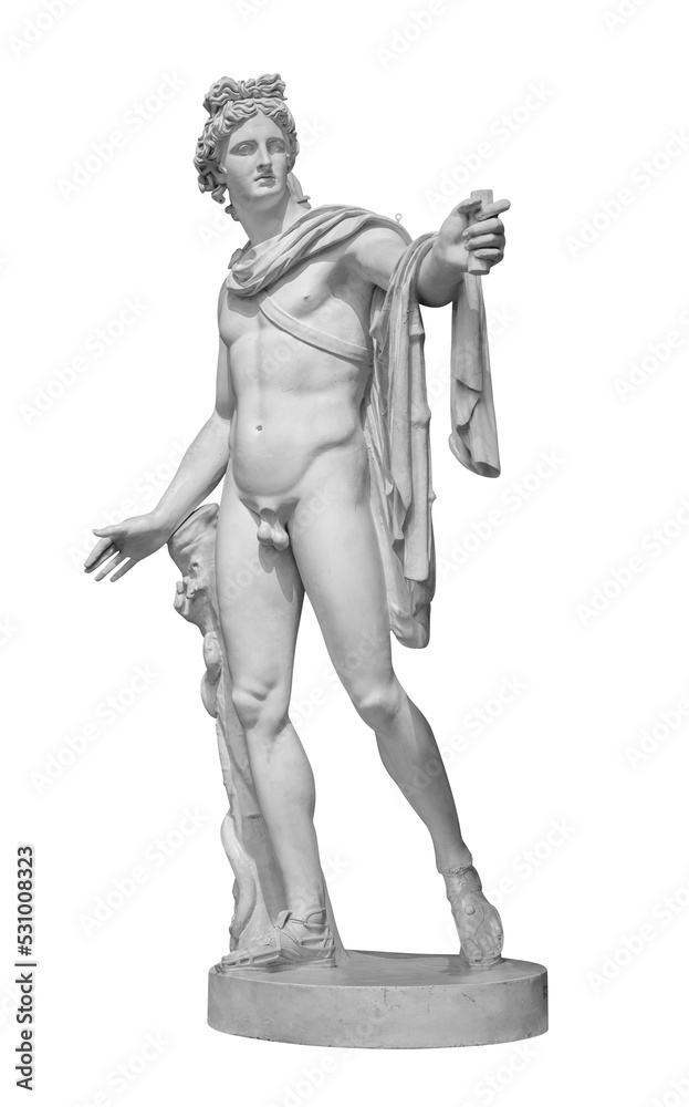 God Apollo sculpture. Ancient Greek god of Sun and Poetry Plaster copy of a marble statue isolated on white with clipping path - obrazy, fototapety, plakaty 