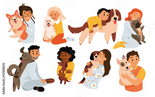 Cartoon isolated child and adult characters holding cute animals companions of different breeds, collection of person holding adorable puppy. Pet owners love and care dogs