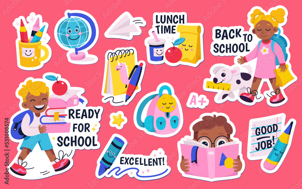 School stickers set vector illustration. Cartoon isolated schoolboy and schoolgirl carrying backpack, books and lunchbox, cute smart kids, elementary pupils on pink background. Education concept School stickers set vector illustration. Cartoon isolated schoolboy and schoolgirl carrying backpack, books and lunchbox, cute smart kids, elementary pupils on pink background. Education concept