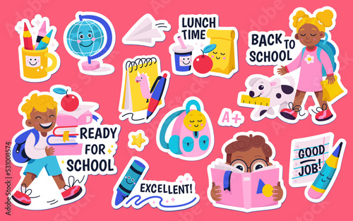 School stickers set vector illustration. Cartoon isolated schoolboy and schoolgirl carrying backpack, books and lunchbox, cute smart kids, elementary pupils on pink background. Education concept