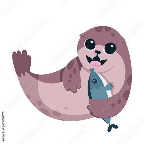 Cute baby seal holding fish to eat vector illustration. Cartoon isolated happy aquatic animal character eating, wild or zoo walrus with funny snout and smile, saltwater marine wildlife and nature