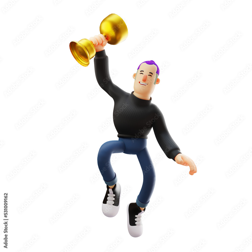 3D illustration. Cool Guy 3D character with gold trophy. lift the cup with one hand. with a happy expression. 3D Cartoon Character 3D illustration. Cool Guy 3D character with gold trophy. lift the cup with one hand. with a happy expression. 3D Cartoon Character