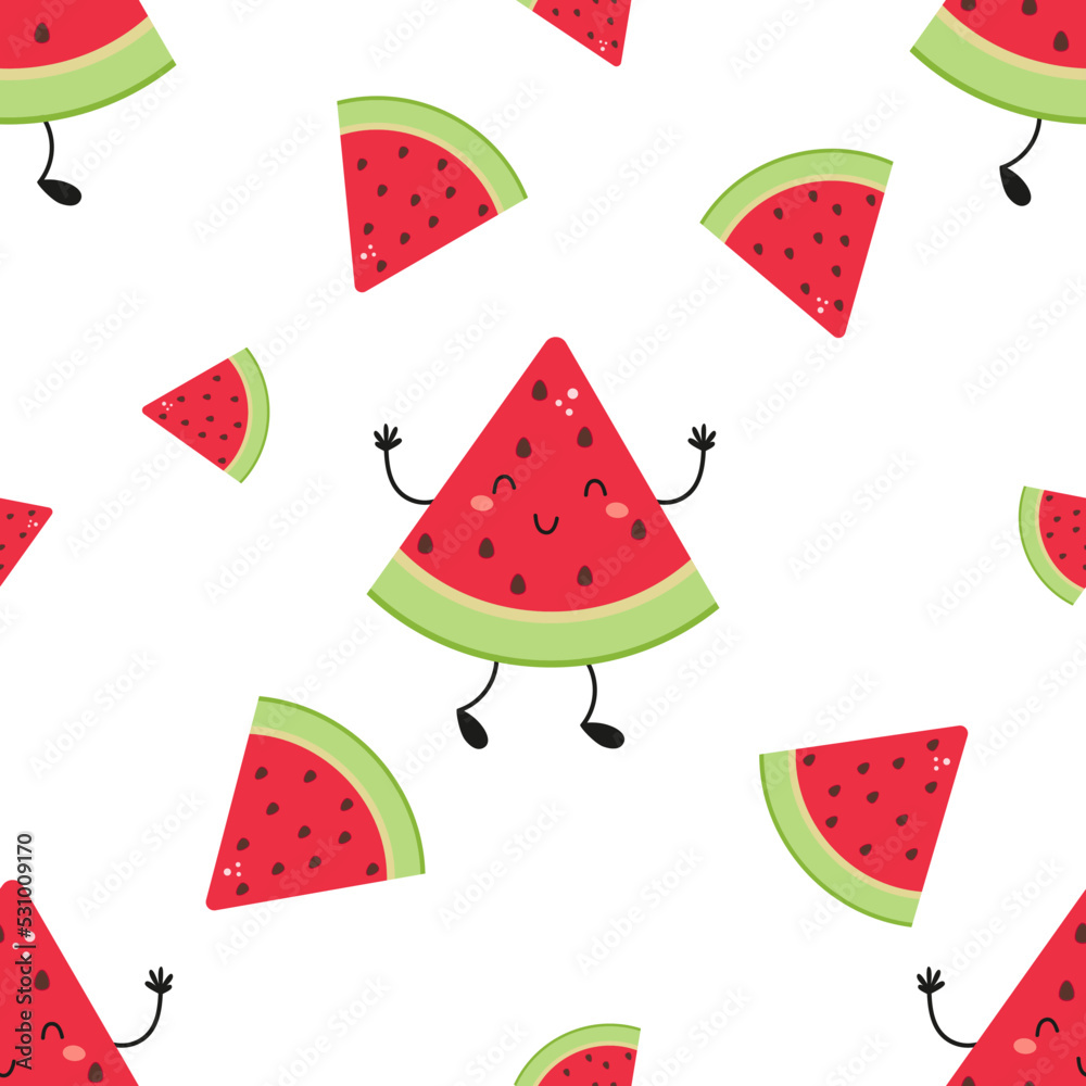 Cute Watermelon Seamless Pattern Vector. Kids illustration for nursery design. Fruit pattern for baby clothes, wrapping paper Cute Watermelon Seamless Pattern Vector. Kids illustration for nursery design. Fruit pattern for baby clothes, wrapping paper