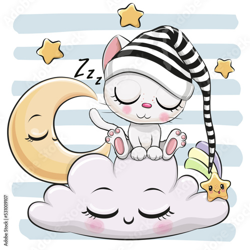 Cartoon white kitten is sleeping a on the Cloud