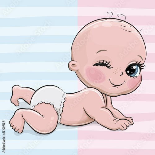 Cartoon baby with  on the blue and pink background