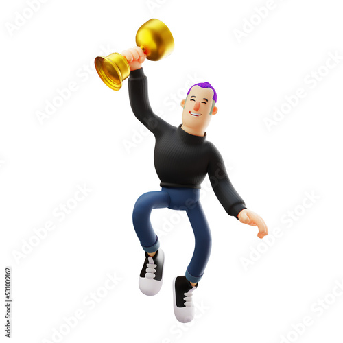 3D illustration. Cool Guy 3D character with gold trophy. lift the cup with one hand. with a happy expression. 3D Cartoon Character