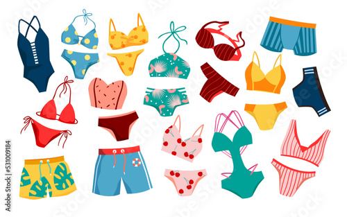 Swimsuit set vector illustration. Cartoon isolated swimwear fashion for man and woman, bikini and bra for girls, boxers and shorts for boys, colorful stylish beachwear summer garment for beach party