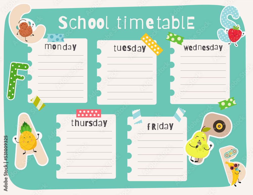 Alphabet Fruits School Timetable, Lesson Schedule template. Vector illustration. Week Chart with coconut, strawberry, pineapple, pear, banana