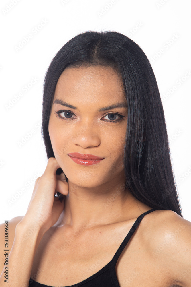Head Shot tanned skin women with disability of young adult stand confident happy, white background isolated. Asian female long straight hair smile cheerful in black shirt dress pant high heel shoes Head Shot tanned skin women with disability of young adult stand confident happy, white background isolated. Asian female long straight hair smile cheerful in black shirt dress pant high heel shoes