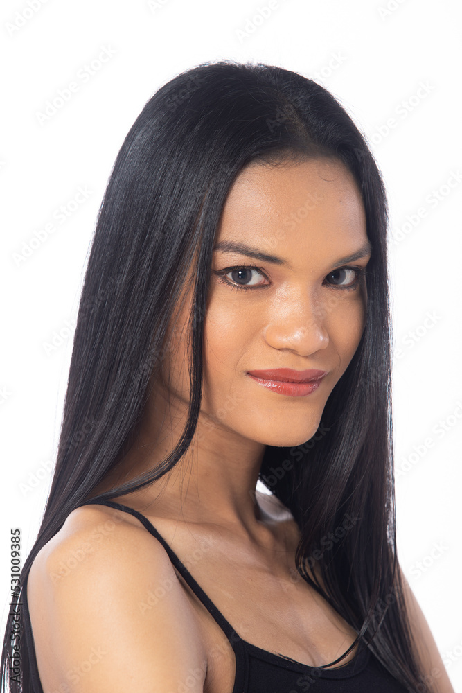 Head Shot tanned skin women with disability of young adult stand confident happy, white background isolated. Asian female long straight hair smile cheerful in black shirt dress pant high heel shoes