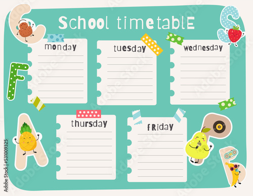 Alphabet Fruits School Timetable, Lesson Schedule template. Vector illustration. Week Chart with coconut, strawberry, pineapple, pear, banana