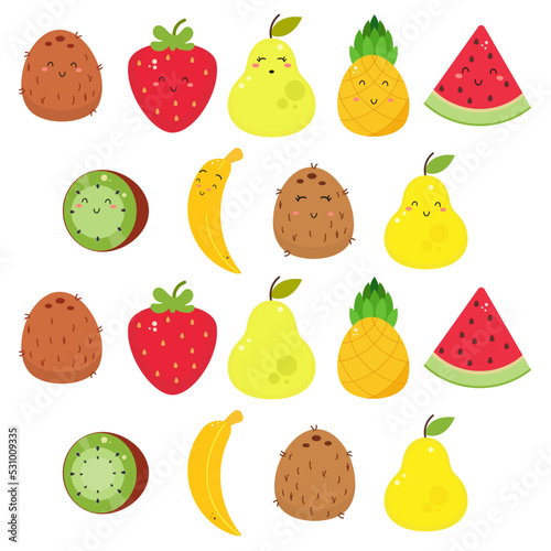 Fototapeta Naklejka Na Ścianę i Meble -  Cute Fruits Isolated Set. Coconut, strawberry, pear, pineapple, watermelon, kiwi, banana. Smiling face. Vector illustration