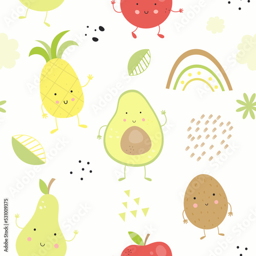 Kids Pattern Cute Fruits on White Background. Seamless background for baby apparel, childish menu, wrapping paper. Vector illustration