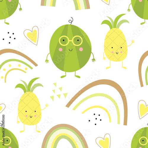 Funny Fruits Watermelon, Pineapple on White Background. Seamless pattern for baby apparel, childish menu, wrapping paper. Vector illustration