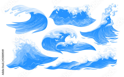 Sea, ocean blue waves set vector illustration. Cartoon isolated splashes with foam texture on wavy water surface, silhouettes of waves at surf of flood and beach tide, motion of liquid collection