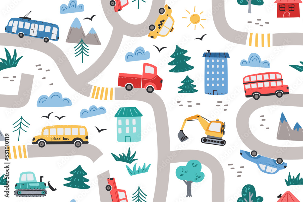 custom made wallpaper toronto digitalCity road pattern. Kids town print with cute little cars, town transport seamless vector background illustration