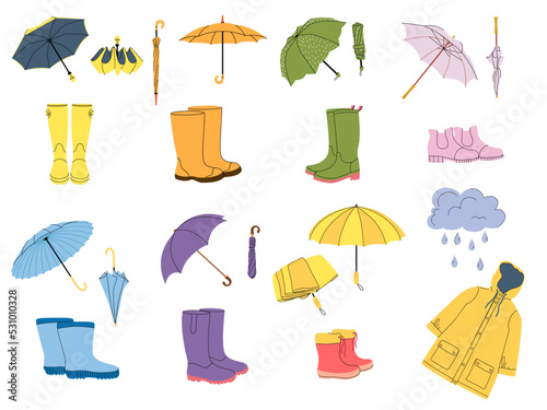 Accessories for rainy weather. Rain boots, raincoat and umbrella. Rubber footwear, folded and open parasol vector Illustration set