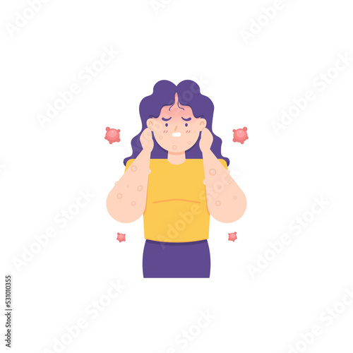monkeypox symptoms. fever, lumps of pus appear on the skin, red spots, headache. disease due to virus infection. health problems. cartoon female character design. can be used for posters, banners
