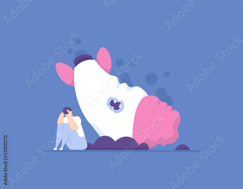 startup business failure. a businessman is depressed because his rocket falls to the ground and breaks down. metaphor of a company experiencing bankruptcy and collapse. business problems and risks