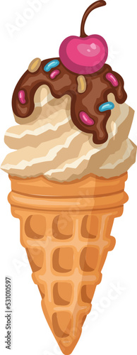 ice cream cone with chocolate topping, sprinkles and cherry, sorbet, ice cream vector illustration