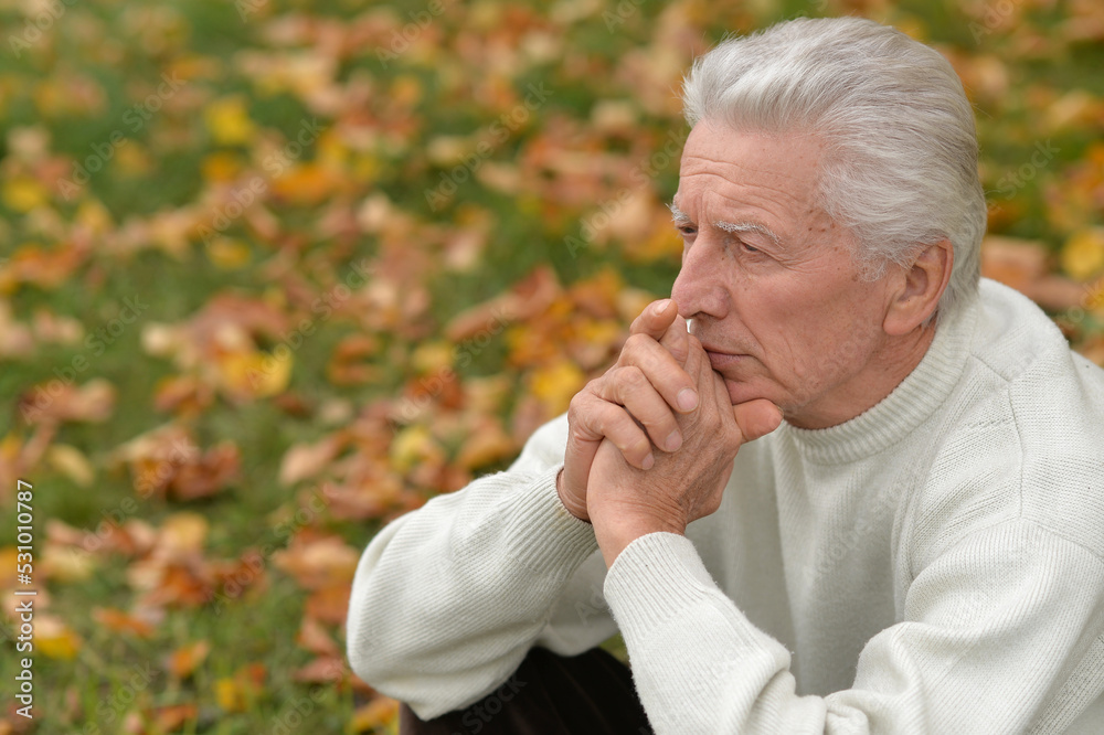 Close up portrait of older man in autumn park Close up portrait of older man in autumn park