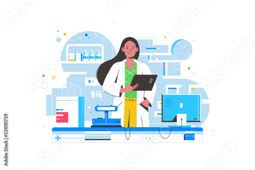 Doctor woman pharmacist in drugstore, healthcare work photo