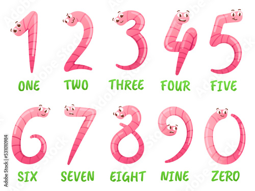 Worm number. Cartoon earthworms count and numbers learning for kids. Funny insects vector Illustration set