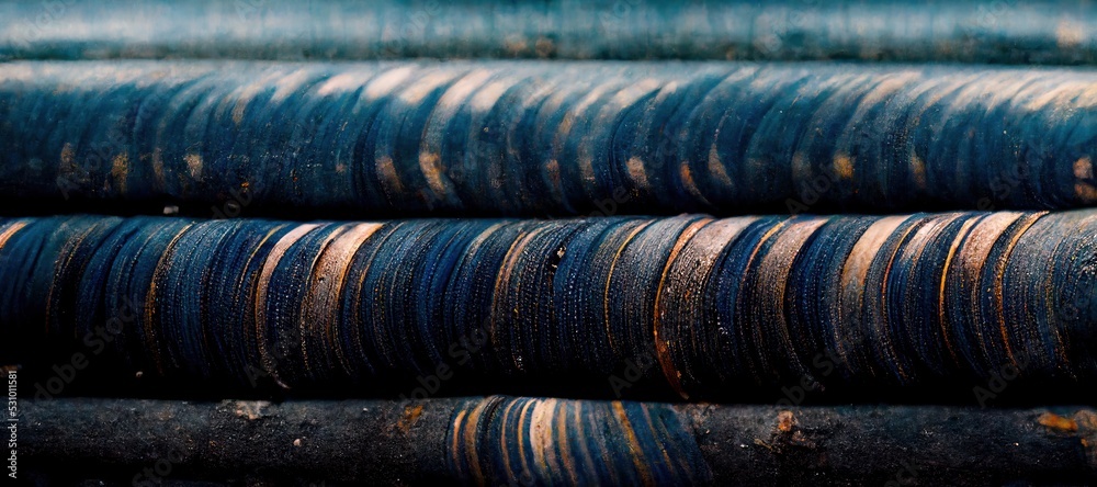 Corrugated steel abstract laser cutout circles, rusty damaged metal texture - fading and chipped industrial enamel paint in various shades of dark blue. Detailed grunge background patterns. 