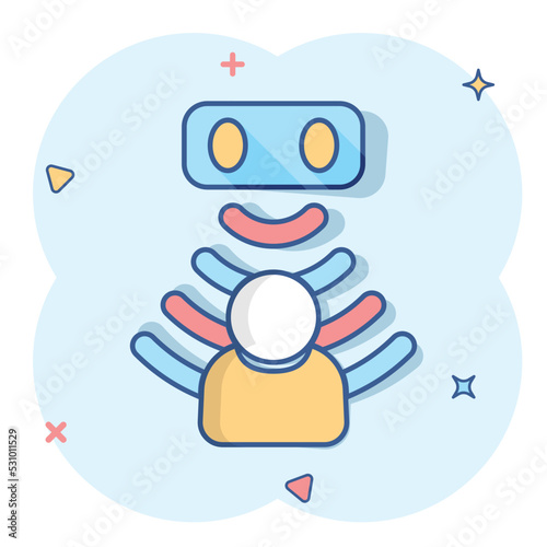 Motion sensor icon in comic style. Sensor waves with man vector cartoon illustration pictogram. People security connection business concept splash effect.