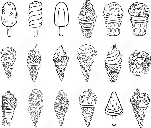 Line sketch ice cream set, ice cream vector illustration