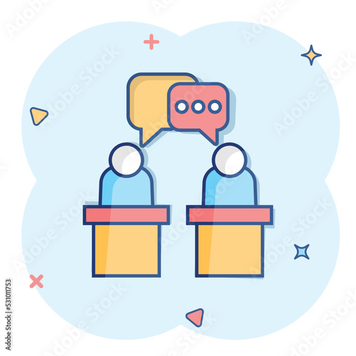 Politic debate icon in comic style. Presidential debates vector cartoon illustration pictogram. Businessman discussion business concept splash effect.