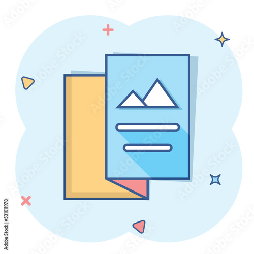 Flyer leaflet icon in comic style. Brochure sheet vector cartoon illustration pictogram. Booklet flyer business concept splash effect.