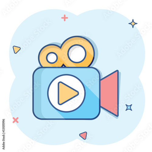 Video camera icon in comic style. Movie play vector cartoon illustration pictogram. Video streaming business concept splash effect.