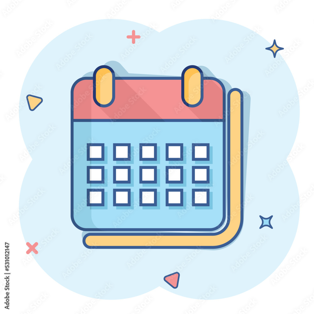 Calendar organizer icon in comic style. Appointment event vector cartoon illustration on white isolated background. Month deadline business concept splash effect.