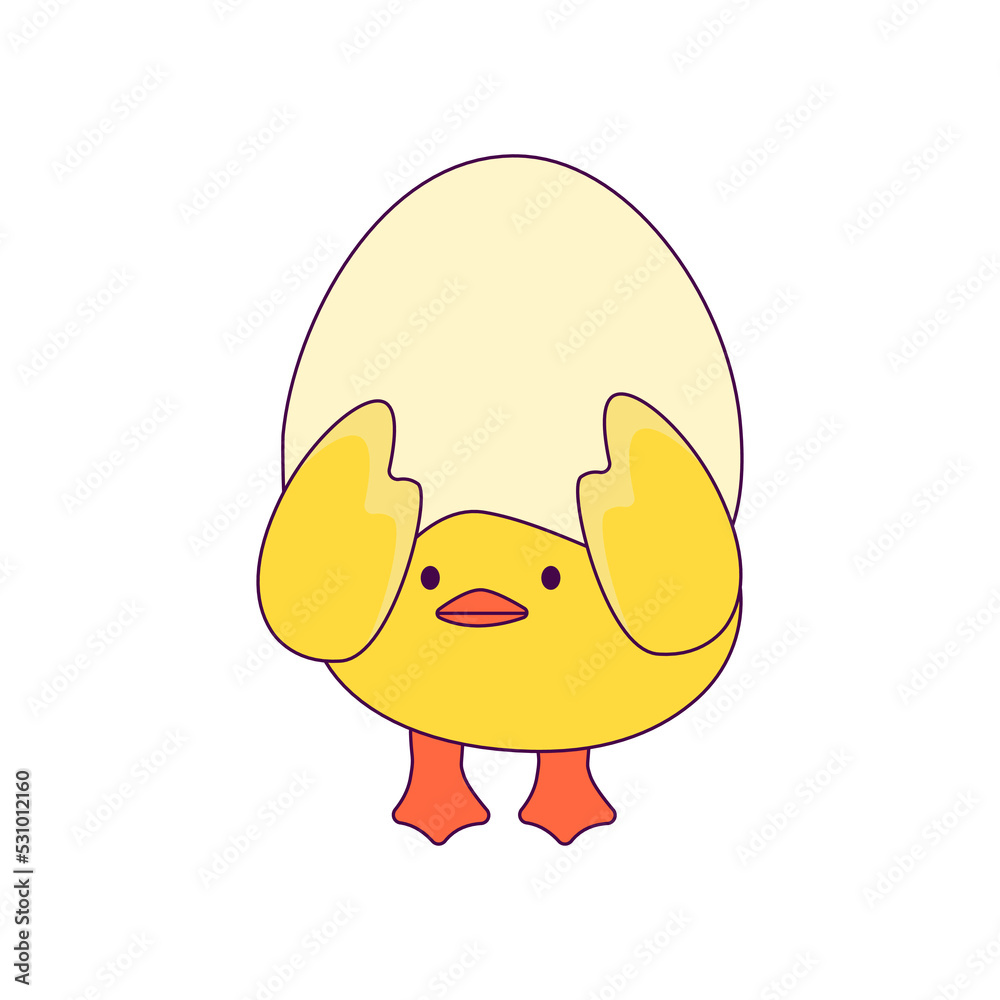 Fototapeta premium a cute little chicken in the role of a man. new trends in depicting people's lives through simple and funny forms. The chick hid behind the shell