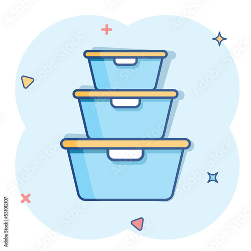 Food container icon in comic style. Kitchen bowl vector cartoon illustration pictogram. Plastic container box business concept splash effect.