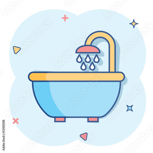 Bath shower icon in comic style. Bathroom hygiene vector cartoon illustration pictogram. Bath spa business concept splash effect.