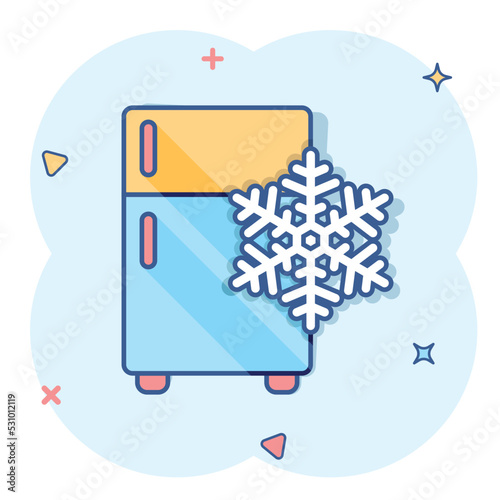 Fridge refrigerator icon in comic style. Freezer container vector cartoon illustration pictogram. Fridge business concept splash effect.