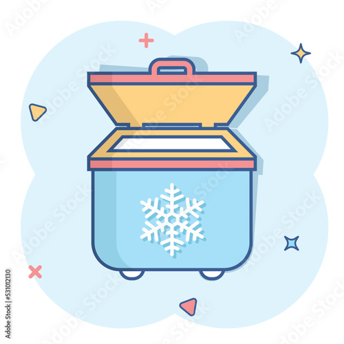 Fridge refrigerator icon in comic style. Freezer container vector cartoon illustration pictogram. Fridge business concept splash effect.