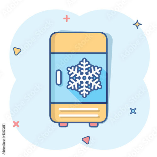Fridge refrigerator icon in comic style. Freezer container vector cartoon illustration pictogram. Fridge business concept splash effect.
