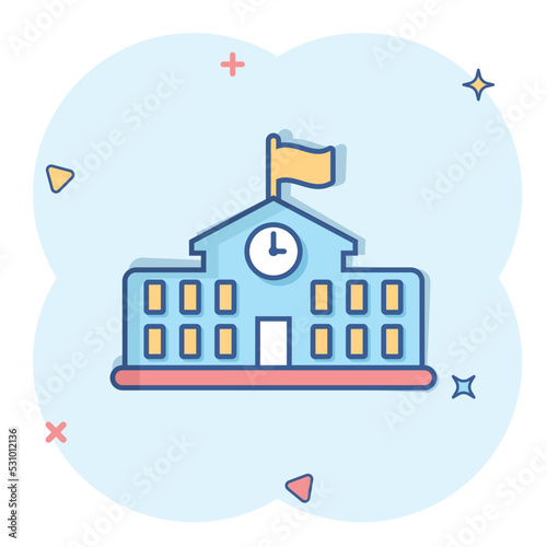 School building icon in comic style. College education vector cartoon illustration pictogram. Bank, government business concept splash effect.