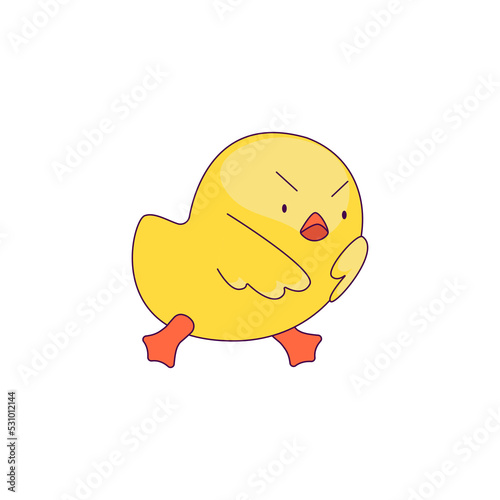 a cute little chicken in the role of a man. new trends in depicting people's lives through simple and funny forms. The chick goes dissatisfied