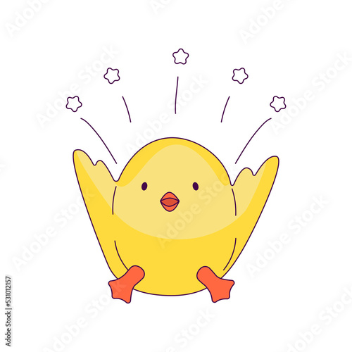 a cute little chicken in the role of a man. new trends in depicting people's lives through simple and funny forms. The chick rejoices at the victory