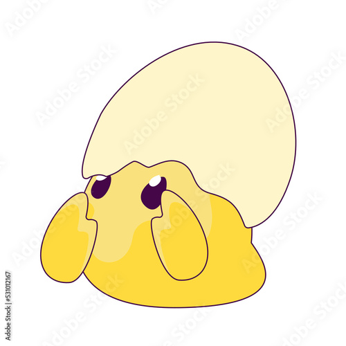 a cute little chicken in the role of a man. new trends in depicting people's lives through simple and funny forms. The chick is perplexed