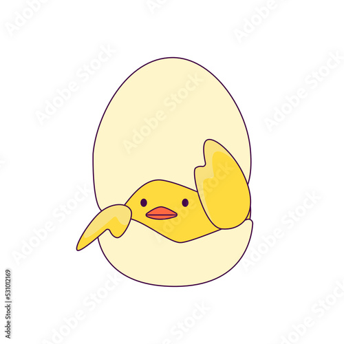 a cute little chicken in the role of a man. new trends in depicting people's lives through simple and funny forms. The chick hid under the shell