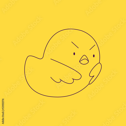 a cute little chicken in the role of a man. new trends in depicting people's lives through simple and funny forms. outline of a dissatisfied chick