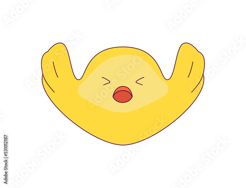 a cute little chicken in the role of a man. new trends in depicting people's lives through simple and funny forms. The chick rejoices at the victory